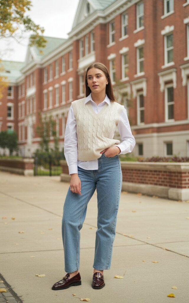 A university campus setting with brick buildings in the background. The model wears a white button-up shirt layered under a beige sweater vest, with straight-leg jeans and loafers. Her hair is sleek and parted to the side. The lighting is bright but soft.