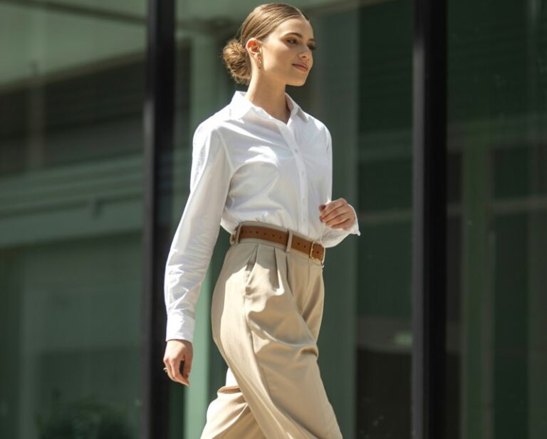 A white-skinned female model with a neat low bun poses in front of a modern glass building. She wears a crisp white button-down tucked into beige pleated trousers, accessorized with a tan belt and loafers. Natural daylight reflects softly off the glass. She’s looking off-camera, mid-stride, with a subtle smile — polished yet effortless.