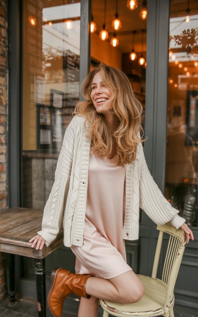 A white-skinned female model with long loose waves stands in a cozy indoor café corner, surrounded by warm lighting and rustic furniture. She wears a pastel slip dress layered under a chunky cream cardigan, paired with ankle boots. Natural window light creates a soft glow. She leans casually on a chair, laughing naturally.