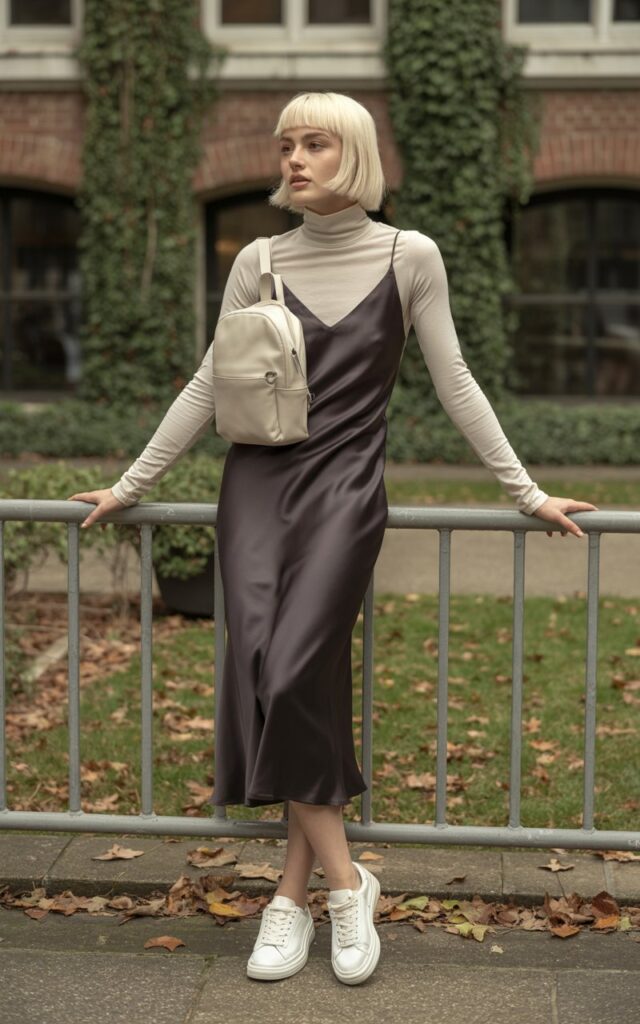 A white-skinned model with a sleek bob stands near a college courtyard wall. She wears a fitted beige turtleneck under a black satin slip dress, with white sneakers and a mini backpack. Overcast daylight for soft tones. She’s leaning casually on a railing, looking off-camera.