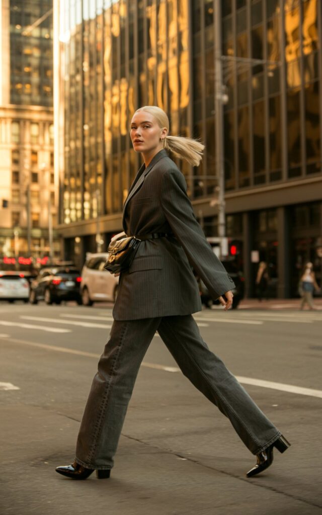 A white-skinned model with a sleek ponytail poses on a downtown street. She wears an oversized charcoal blazer cinched with a black belt bag, straight-leg jeans, and ankle boots. Golden-hour city lighting with reflections from glass buildings. She’s walking confidently, glancing sideways.