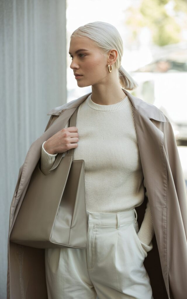 A white-skinned model with sleek ponytail hair poses against a light concrete backdrop. She wears a cream-toned monochrome outfit — knit top, tailored pants, and beige trench coat. Minimalist gold hoops and a structured tote add sophistication. Natural daylight with soft shadows. Her pose is upright, poised, and elegant.