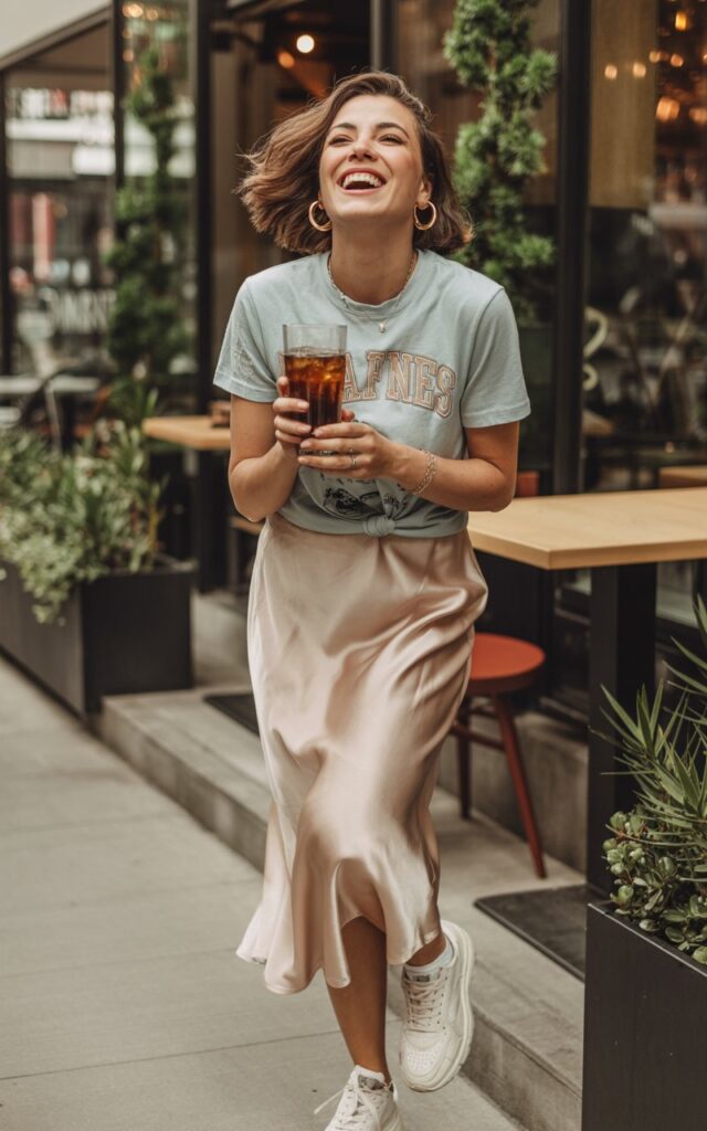 A woman standing on a trendy café patio during daylight. She wears a vintage-style band tee tucked into a champagne satin slip skirt, chunky sneakers, and small hoop earrings. Her hair is tousled, makeup minimal. She holds an iced coffee, captured in a candid mid-laugh.