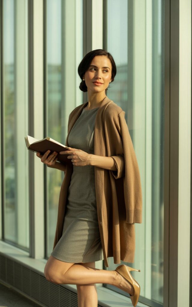A woman stands by an office window bathed in soft indoor light, wearing a gray sheath dress with a camel cardigan draped over her shoulders. She’s holding a notebook in one hand, nude heels completing the look. Her expression is calm and approachable, hair styled in a low twist.