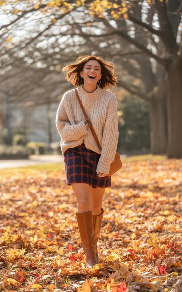 An autumn park scene with fallen leaves. The woman wears an oversized cream sweater over a plaid mini skirt, tall brown boots, and carries a crossbody bag. Her hair is tousled, makeup glowy. She’s laughing while walking through the leaves.