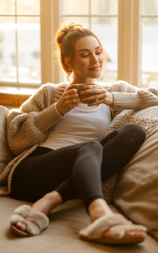An indoor scene with warm window light. The woman lounges by a sofa wearing a chunky beige cardigan over a white tank top and black leggings, paired with fuzzy slides. Her hair is in a loose bun, soft natural makeup. She looks relaxed and happy, holding a mug.