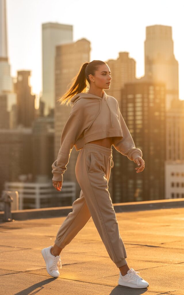 An urban rooftop during sunset. The model wears a beige cropped hoodie with matching high-waisted joggers and clean white sneakers. Her hair is pulled into a sleek ponytail, minimal makeup with a dewy glow. She poses mid-walk, city skyline in the background.