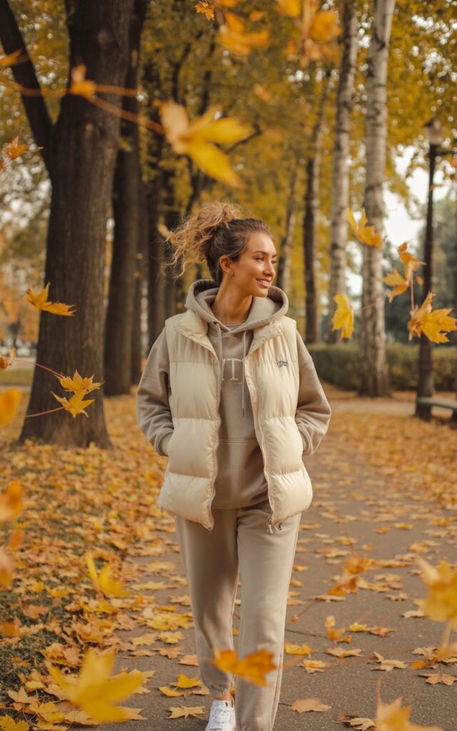 Autumn park setting with golden leaves. Model in a cream puffer vest layered over a light-gray hoodie and joggers. Sneakers and messy bun. Walking along a path with warm, diffused sunlight.