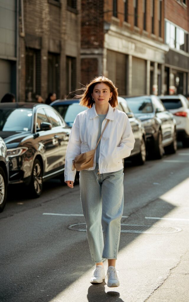 Casual street scene with parked cars and brick walls. Model in a white zip-up jacket and light-wash straight jeans, sneakers, and small crossbody bag. Walking naturally with breeze in her hair. Midday sunlight with real-life sharpness.