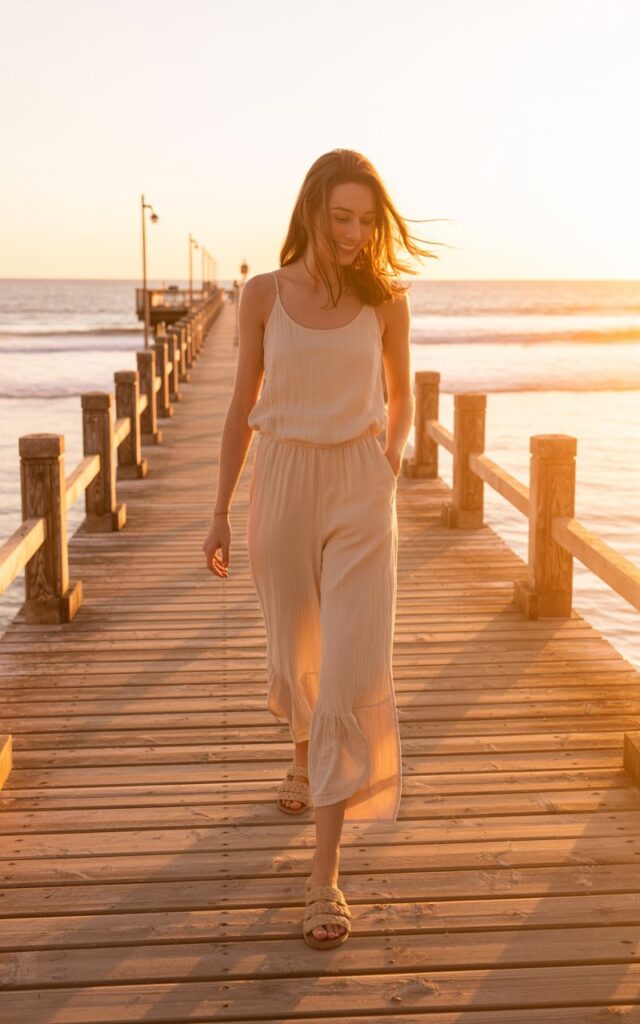 Full-body beach pier shot at warm sunset. She wears a lightweight, wide-leg jumpsuit and woven sandals. Hair is natural and slightly windswept. She walks casually with a soft expression.