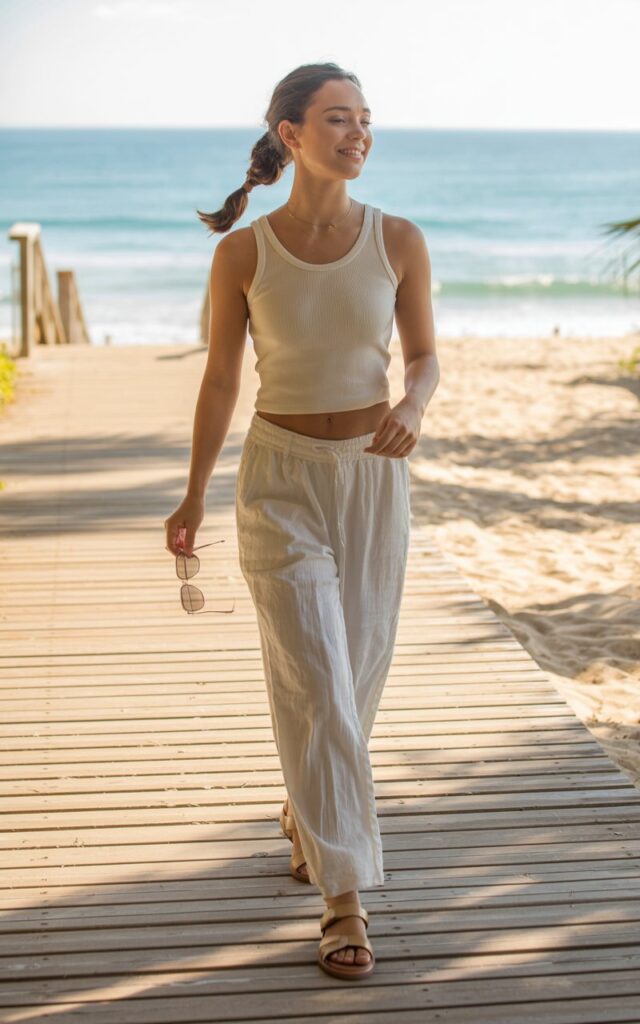 Full-body beachside boardwalk scene under warm daylight. She wears a ribbed tank top, airy linen pants, and flat sandals. Hair is in a relaxed braid. She walks with a serene expression, holding sunglasses in one hand.