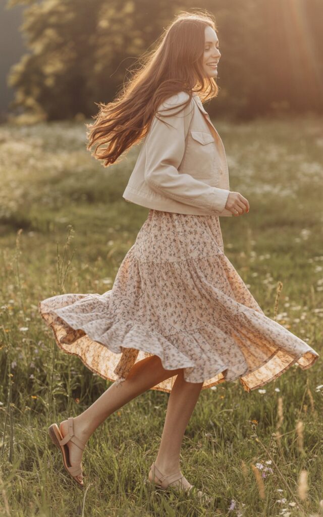 Full-body capture in a sunlit field. She wears a floral midi dress, a cropped lightweight jacket, and simple sandals. Hair is long and loose. She twirls slightly, creating natural fabric movement.