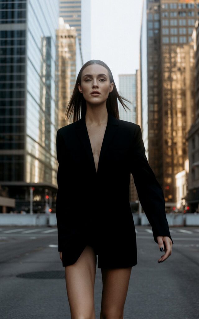 Full-body editorial shot of a white-skinned female model with straight, sleek hair, wearing a black tailored blazer dress with pointed heels. Tall city skyscrapers in the background during late afternoon. She walks forward with confidence, expression strong and focused. Crisp shadows emphasize the structure of the blazer. Slight skin imperfections for realism.