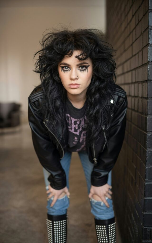Full-body editorial-style portrait indoors with soft lighting. Model with voluminous teased hair, smudged eyeliner, wearing a leather jacket, ripped jeans, and studded boots. She stands powerfully against a dark textured wall. Expression fierce, eyes intense, posture confident. A perfect tribute to the 2000s scene era.