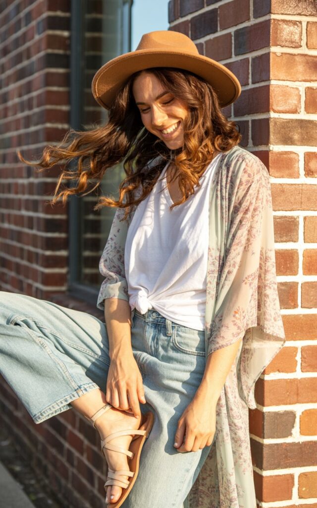 Full-body fashion photo of a white-skinned woman with chestnut waves, leaning against a brick wall in golden afternoon light. She wears a printed kimono over a plain white tee, light-wash jeans, and boho sandals. A wide-brim hat completes the look. Her playful smile feels candid and relaxed.