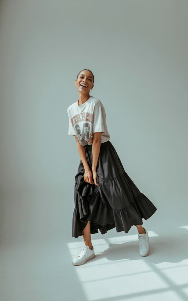 Full-body fashion shot in a minimalist studio. Model wears a vintage band tee tucked into a layered ruffled black skirt and sneakers. Soft gray background and natural light. Pose playful with slight movement in skirt. Expression fun, leaning slightly forward with energy.