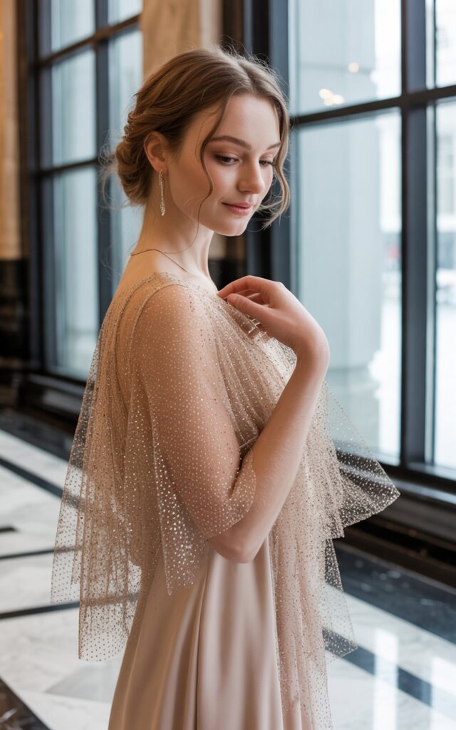 Full-body fashion shot of a white-skinned model in a soft champagne dress with a glitter mesh overlay, paired with delicate heels. Shot near a large window inside an upscale indoor venue with soft natural light. Her hair is pinned back in a romantic style. She looks down slightly with a soft smile. Realistic sparkles, mesh texture, and skin detail emphasized.