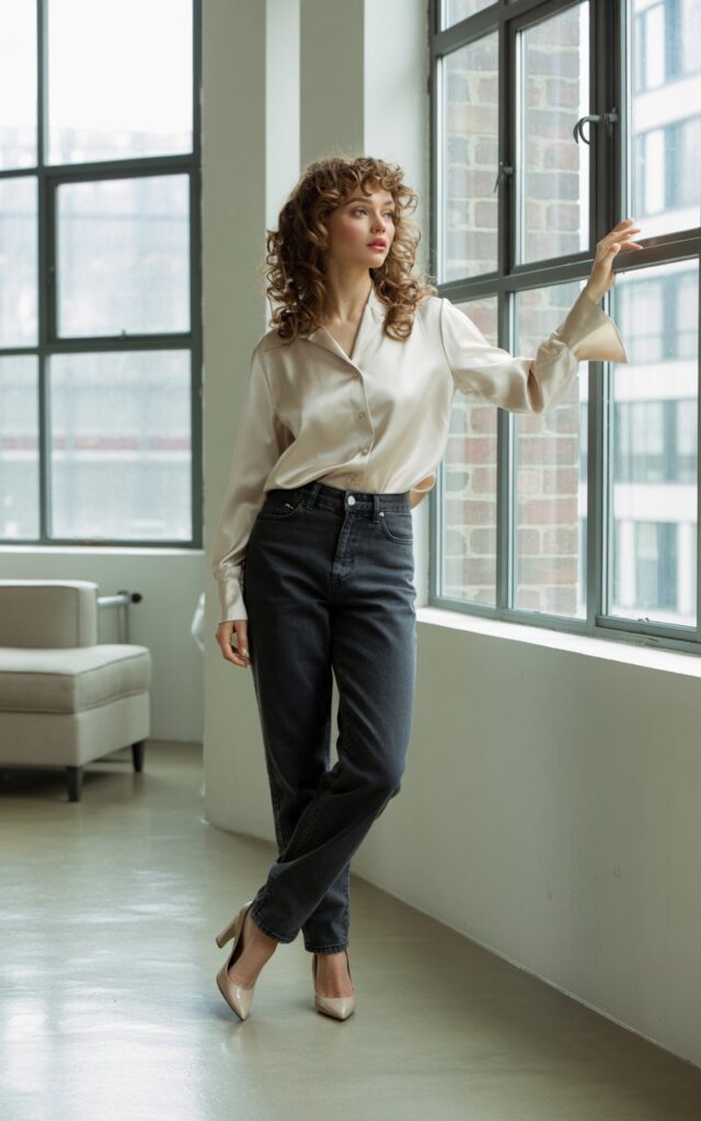 Full-body fashion shot of a white-skinned model with loose curls, wearing a cream silk blouse tucked into dark blue high-rise jeans and neutral heels. Photographed in a soft indoor daylight loft apartment. Standing near a window, looking out thoughtfully. Realistic silk shine and subtle makeup.