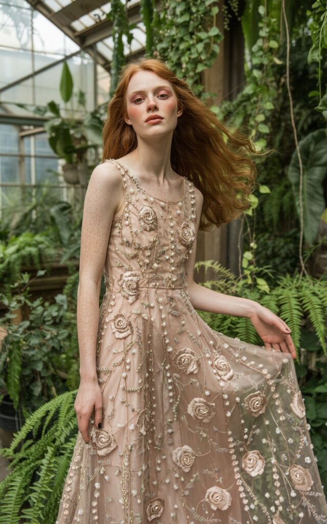 Full-body image of a fair-skinned model wearing a nude-tone gown covered in floral embroidery and delicate beadwork. She stands in a botanical greenhouse filled with greenery under diffused daylight. Her hair flows naturally, and she wears soft, romantic makeup. Her pose is gentle, holding part of the skirt. Realistic embroidery detail and natural imperfections preserved.