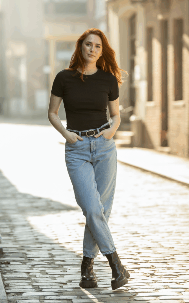 Full-body image of a fair-skinned model with sharp cheekbones and auburn hair, tucked into a tucked-in black band tee and light wash high-waist mom jeans, accessorized with black combat boots and a leather belt. The background is a cobblestone urban street with morning sunlight casting soft shadows. She stands confidently, hands in pockets, slight smirk, relaxed posture. Natural skin texture, minimal makeup, subtle imperfections for realism.