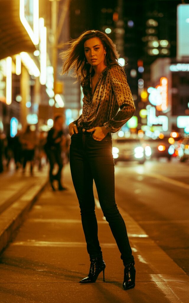 Full-body image of a model in a leopard print blouse tucked into black skinny jeans and heeled boots. Urban sidewalk at night with blurred city lights. Golden neon reflections on her hair. Confident stance with one hand on hip, other in pocket. Slight smirk.