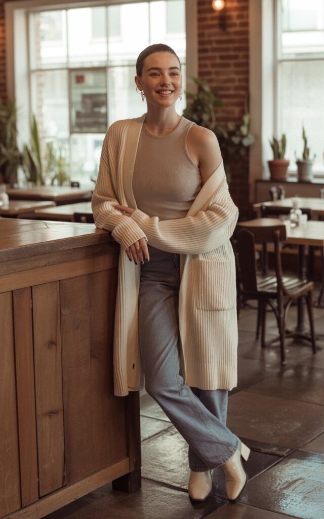 Full-body image of a sharp-featured white-skinned female model in a cozy café. She wears a fitted ribbed tank, an oversized cream knit cardigan, straight jeans, and ankle boots. Soft indoor window lighting. She leans casually against a wooden counter with a warm smile. Subtle makeup and natural imperfections for realism.