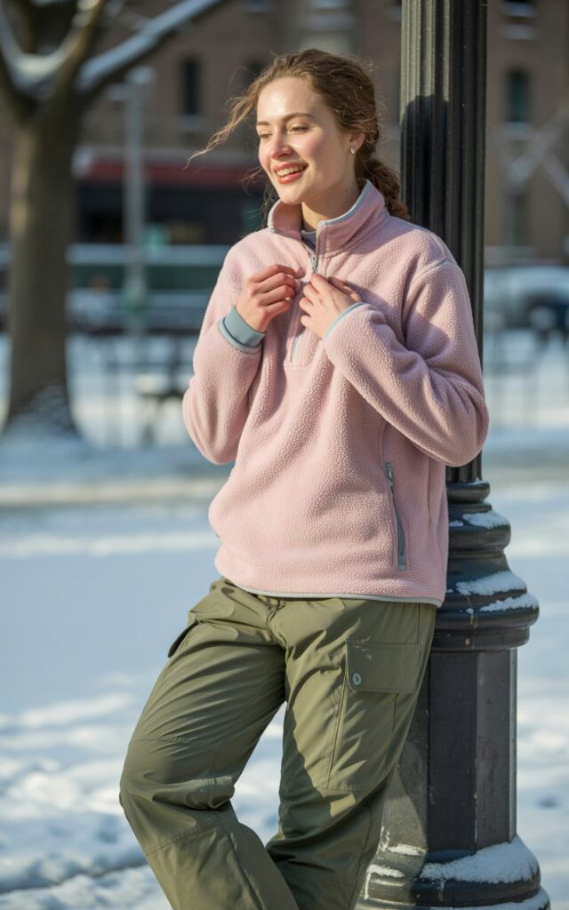 Full-body image of a white-skinned female in a pastel fleece half-zip, olive insulated cargo pants, and snow-ready boots. She’s leaning against a lamppost in a park with light snow covering the ground. Natural daylight captures fabric texture and warmth. Hands adjusting half-zip, soft smile, casual stance.