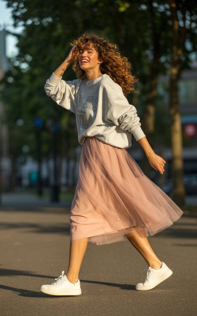 Full-body image of a white-skinned female model with curly hair, wearing an oversized graphic sweatshirt tucked slightly into a blush tulle midi skirt, paired with white sneakers. Location outdoor urban park with soft morning sunlight. Pose walking while laughing, natural hand movement, playful expression. Realistic skin, editorial imperfections, subtle shadows.