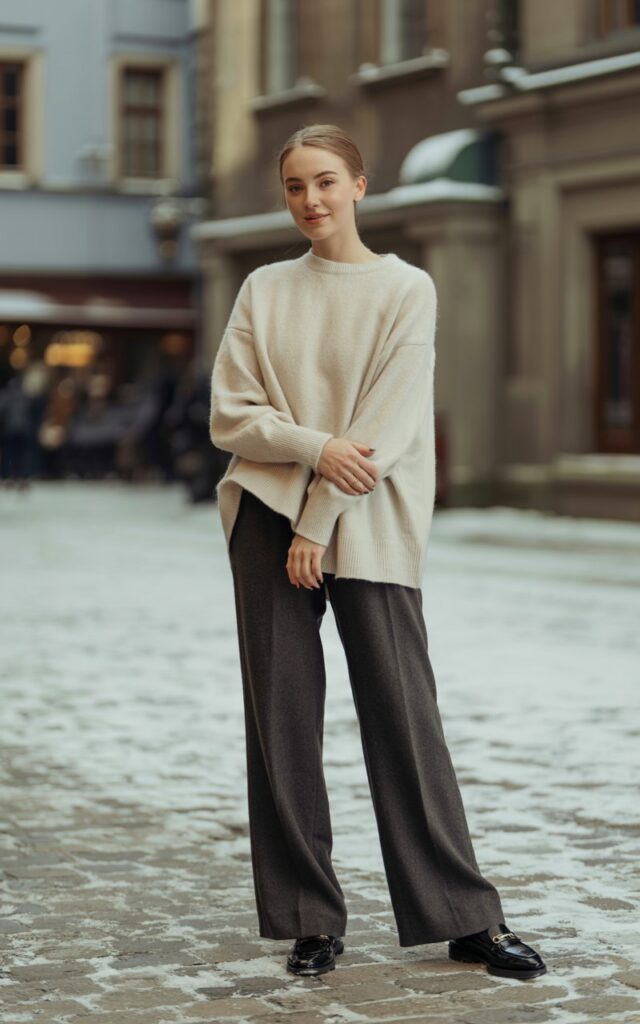 Full-body image of a white-skinned girl in a cream cashmere sweater, grey wide-leg wool pants, and black loafers. She’s standing on a lightly snow-covered town square with stone buildings. Diffused daylight highlights fabric textures. Pose standing with hands folded lightly, soft smile.
