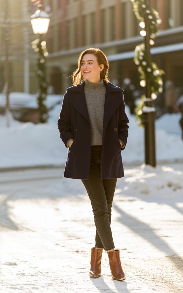 Full-body image of a white-skinned girl in a grey mock-neck sweater, navy peacoat, skinny jeans, and brown ankle boots. She stands on a snowy sidewalk with festive street lamps. Golden hour lighting softens shadows. Pose hands in pockets, slight tilt of head, warm smile.