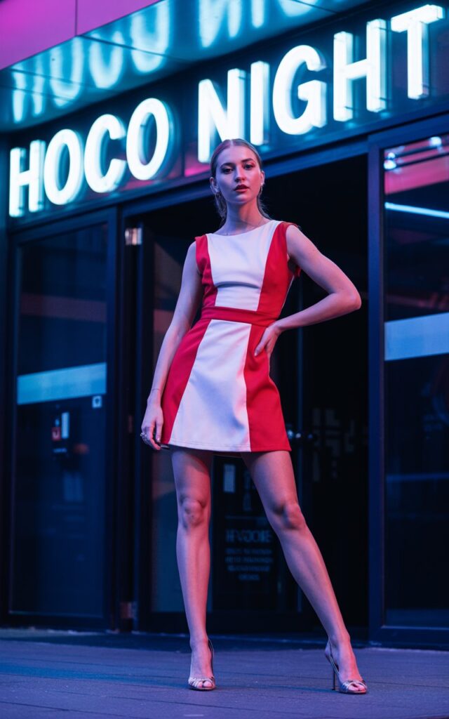 Full-body image of a white-skinned girl in a high-contrast two-tone mini dress, structured silhouette, and matching heels. Photographed in front of the gym entrance with neon signage for hoco night. Cool-toned lighting highlights the color contrast. Confident pose, natural skin details.