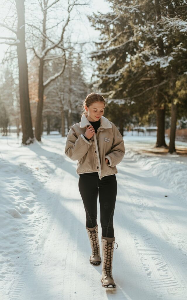 Full-body image of a white-skinned girl wearing a beige lined shacket, black insulated leggings, and lace-up snow boots. She’s walking on a snowy park trail lined with trees. Soft natural light highlights texture and warmth. Pose slight mid-step, adjusting jacket sleeve, subtle smile.