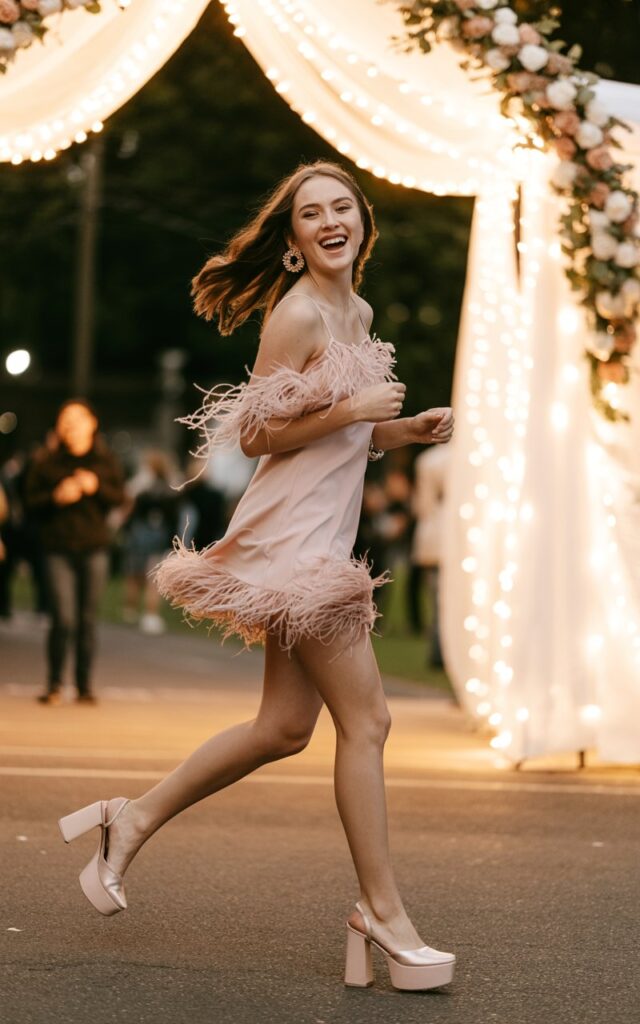 Full-body image of a white-skinned girl wearing a feather-trim mini dress in soft white or blush, playful earrings, and platform heels. She’s captured mid-step near the hoco entrance arch covered in fairy lights. Slight movement in feathers adds texture. Soft event lighting and candid laughter.