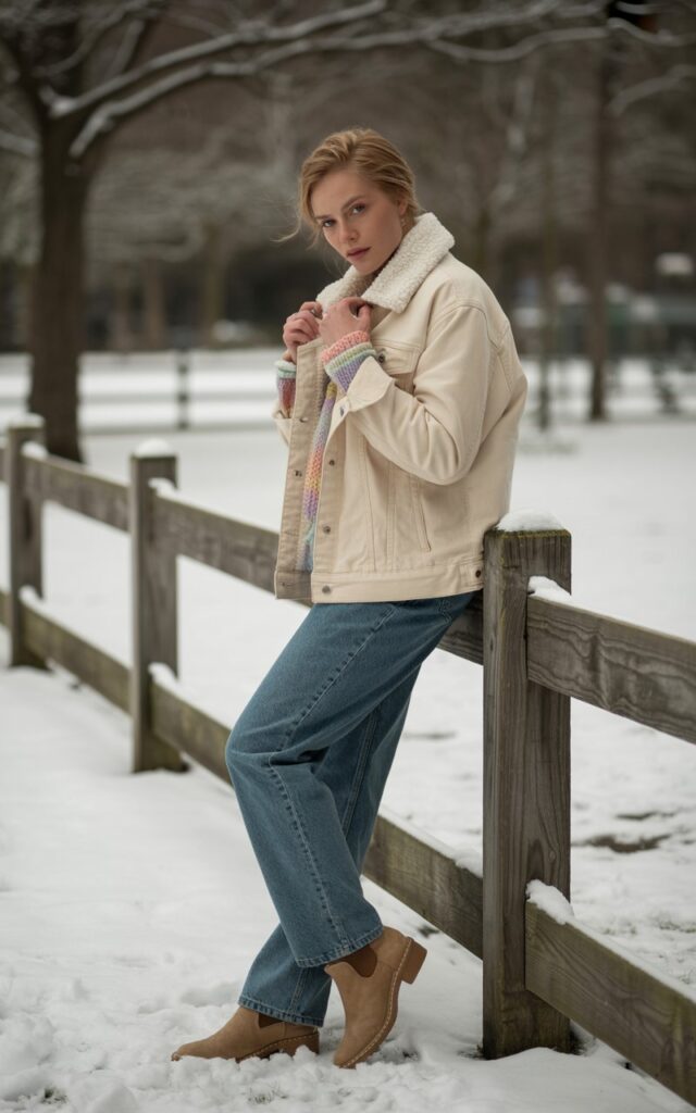 Full-body image of a white-skinned model in a cream sherpa-lined denim jacket, a pastel knit sweater, straight-fit jeans, and suede ankle boots. She’s leaning on a rustic wooden fence in a snowy park. Soft diffused light highlights textures of the sherpa and knit. Slight tilt of head, hands gently touching the jacket collar.