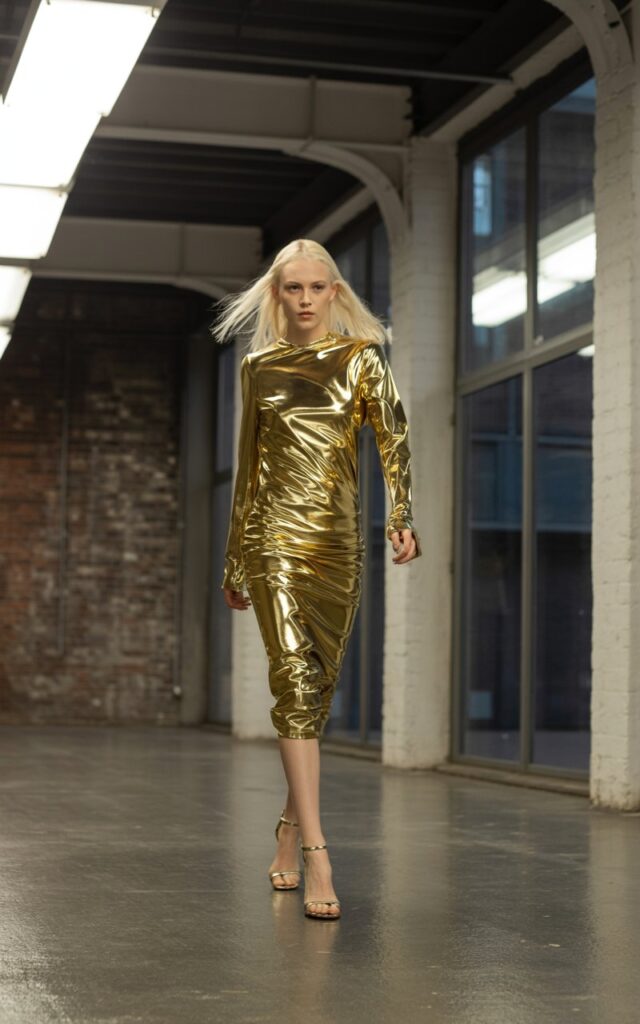 Full-body image of a white-skinned model in a gold metallic foil dress with futuristic shine, paired with strappy heels. Shot in an industrial-style loft with harsh directional lighting. Her hair is straight and sharp to match the vibe. She walks forward powerfully with a bold expression. Highly realistic metallic reflections and skin detail captured.