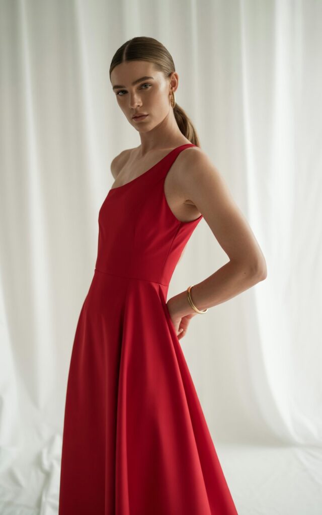 Full-body image of a white-skinned model in a sleek red one-shoulder gown with minimal accessories. Shot on a clean white studio backdrop with soft editorial lighting. Her hair is styled in a polished side-parted ponytail. She stands tall with one arm slightly bent and a confident gaze. Sharp dress lines and natural skin detail highlighted.