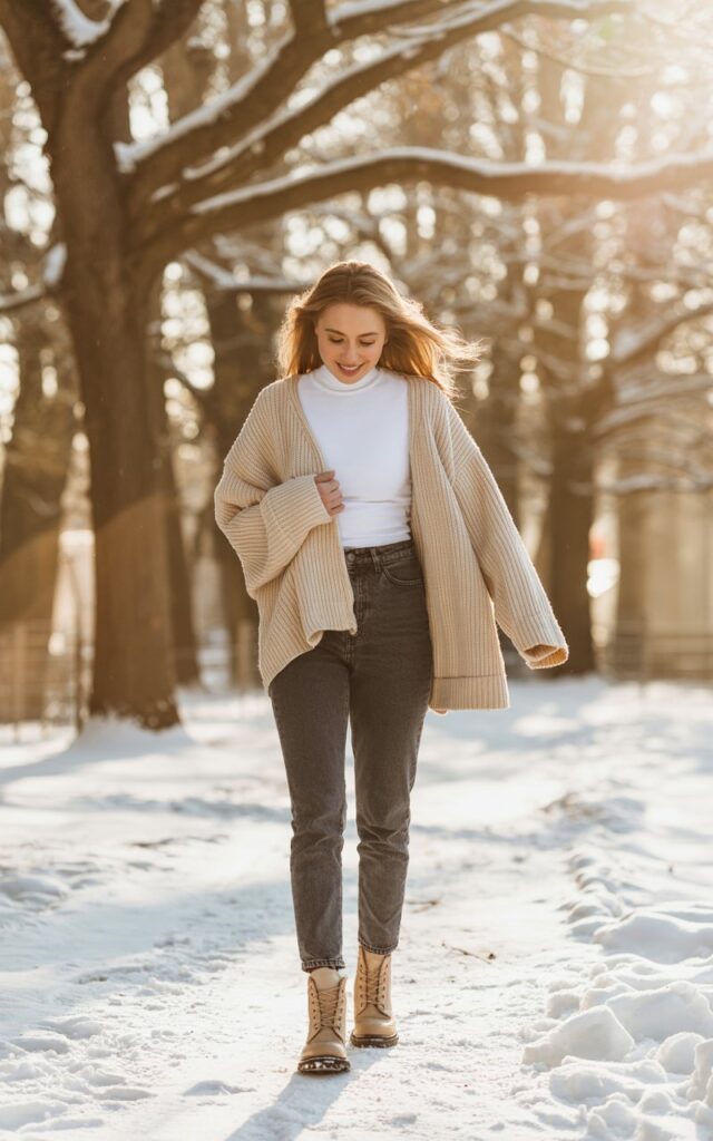 Full-body image of a white-skinned model in an oversized cream chunky knit sweater layered over a white thermal turtleneck, high-waisted skinny jeans, and tan lace-up boots. She’s walking along a tree-lined snowy path with golden hour light filtering through branches. She gently holds her sweater hem while smiling. Editorial candid style with soft shadows.