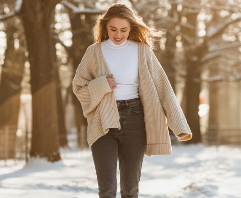 Full-body image of a white-skinned model in an oversized cream chunky knit sweater layered over a white thermal turtleneck, high-waisted skinny jeans, and tan lace-up boots. She’s walking along a tree-lined snowy path with golden hour light filtering through branches. She gently holds her sweater hem while smiling. Editorial candid style with soft shadows.