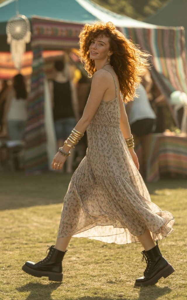 Full-body image of a white-skinned model with curly hair, wearing a floral flowy maxi dress with black combat boots and layered bracelets. Setting boho-inspired outdoor festival scene with soft afternoon sunlight. Pose mid-step, hair blowing, looking over shoulder with relaxed smile. Realistic skin, subtle freckles, editorial softness in lighting.