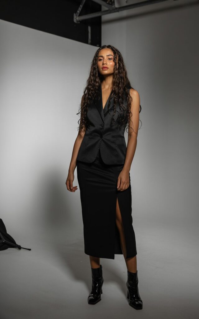 Full-body image of a white-skinned model with long silky dark hair, wearing a black tailored vest and matching black midi skirt with heeled boots. Dramatic indoor studio lighting with soft shadows. She stands tall with a poised, elegant expression. Clean, powerful look.