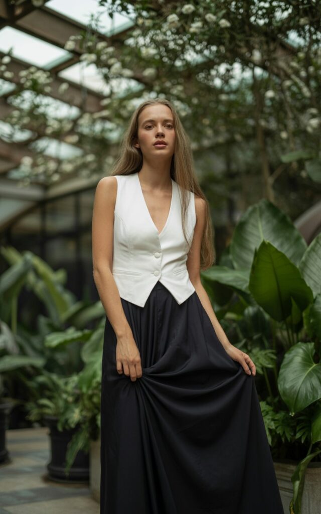 Full-body image of a white-skinned model with long straight hair, wearing a fitted white vest paired with a flowing black maxi skirt and simple sandals. Shot in a botanical garden with soft shaded natural light. She stands with one hand lightly holding the skirt. Calm and elegant.