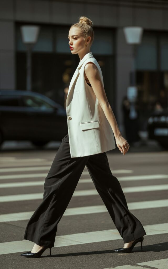 Full-body image of a white-skinned model with sharp cheekbones and a high bun, wearing a structured white vest, black wide-leg crepe trousers, and pointed black heels. Shot on a city crosswalk during midday natural light. She strides forward confidently, coat of light wind adding movement. Editorial realism with subtle makeup.