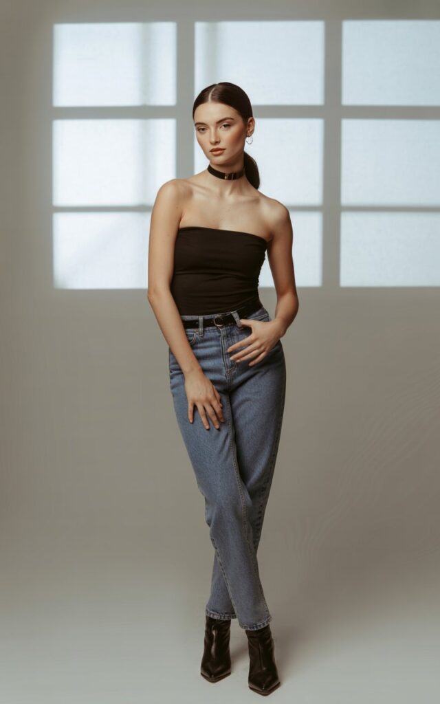 Full-body image of a white-skinned model with sharp features and dark brown hair in a sleek ponytail, wearing a black tube top, high-waist jeans, black ankle boots, and a velvet choker. Setting is a soft-lit indoor studio with natural light coming from a window. Model stands confidently, one hand on hip, slight smile, elegant posture. Accessories minimal, natural skin texture visible.