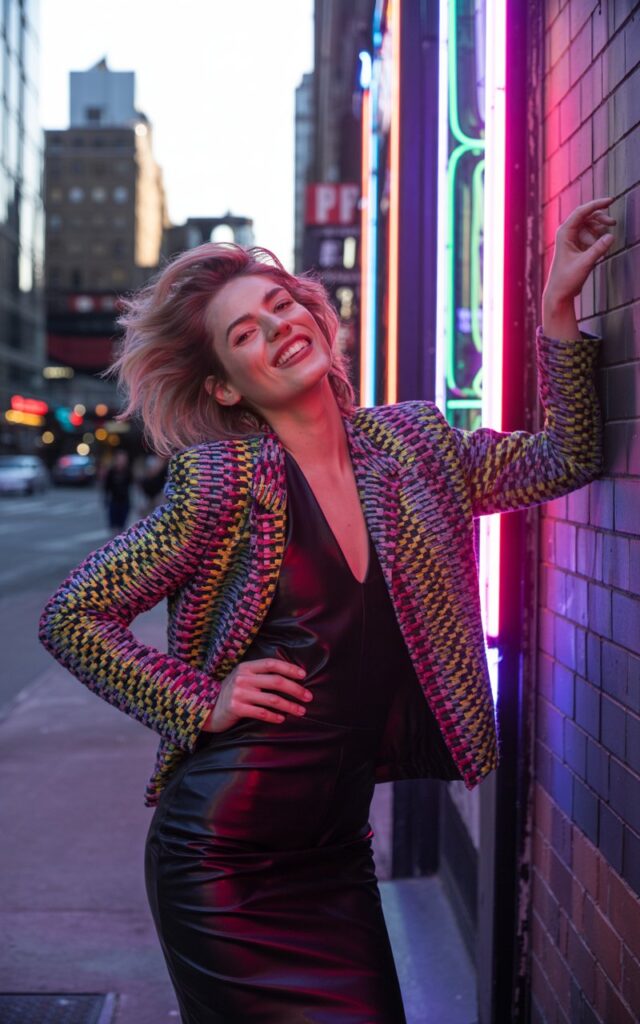 Full-body image of a white-skinned model with tousled hair, wearing a bold patterned statement jacket over a simple black bodycon dress. Urban street backdrop with neon signs at dusk. She stands with a confident lean against a wall, expression playful. Jacket texture and lighting reflections add realism.