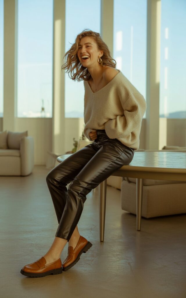 Full-body image of a white-skinned model with tousled waves standing in a modern apartment interior. She wears black faux leather pants with a soft cream knit sweater, minimal gold earrings, and chunky loafers. Natural daylight from tall windows creates cozy highlights. She’s leaning against a table, mid-laugh.