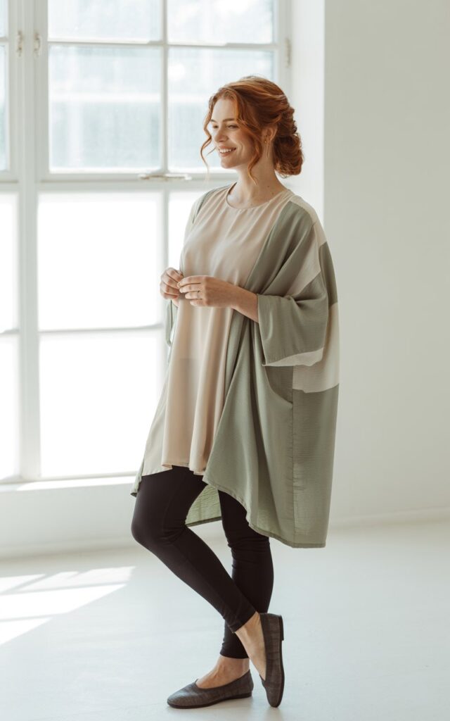 Full-body image of a white-skinned woman with auburn hair in a half-up hairstyle, standing near a bright studio window. She wears a long, flowy tunic in muted tones with black leggings and slip-on flats. Natural window light softens the scene as she smiles warmly, hands gently clasped.