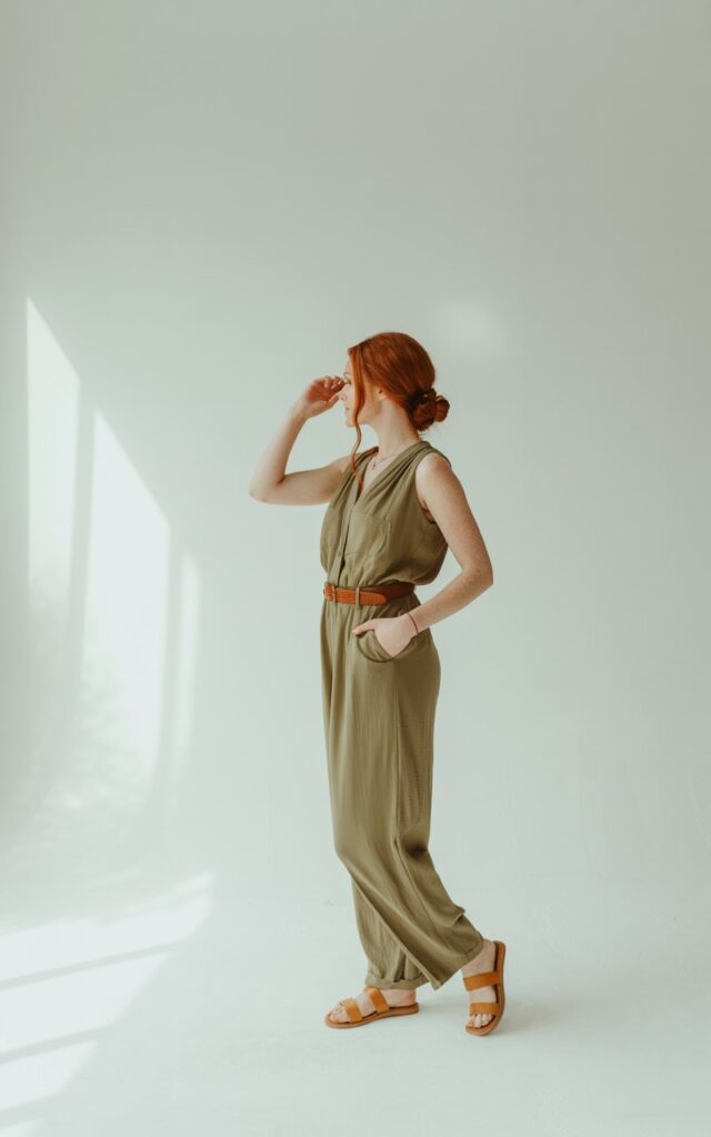 Full-body image of a white-skinned woman with auburn hair in a low bun, standing on a minimalist studio set with soft daylight. She wears an olive-green relaxed jumpsuit cinched with a brown belt, and tan sandals. One hand rests in her pocket, the other adjusting her hair. Clean, modern background enhances the outfit’s ease.