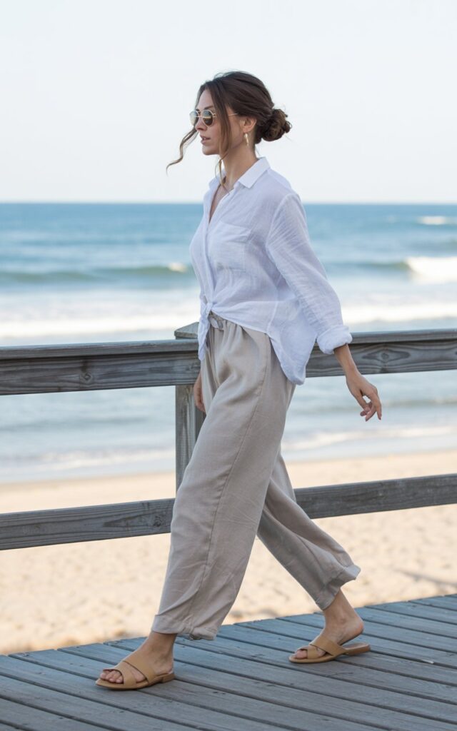 Full-body image of a white-skinned woman with dark blonde hair in a loose bun, walking along a beach boardwalk in natural daylight. She wears a crisp white linen button-up shirt half-tucked into beige linen pants, with flat sandals and sunglasses. Her hair moves gently in the ocean breeze.