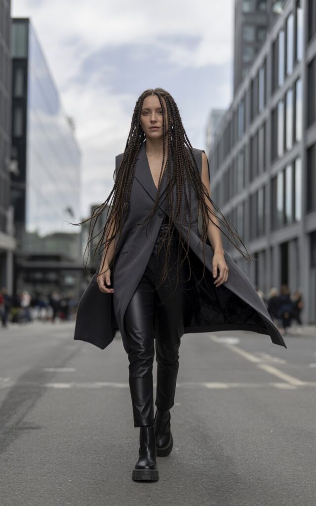 Full-body image of a white-skinned woman with long dark braids, wearing a charcoal oversized vest, slim black pants, and chunky black boots. Urban street with modern architecture during cloudy natural light. She walks confidently with coat movement. Slightly serious, high-fashion expression.