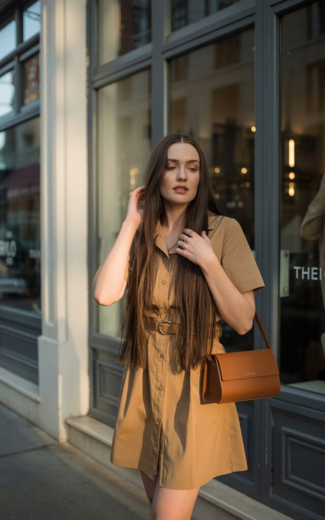Full-body image of a white-skinned woman with long straight dark hair, standing near a boutique window in soft morning light. She wears a tan belted shirt dress with short sleeves, ankle boots, and a small shoulder bag. Her posture is upright yet relaxed, her expression calm and poised.